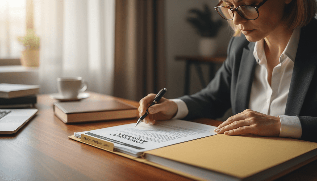 Lawyer reviewing family law agreement documents at desk