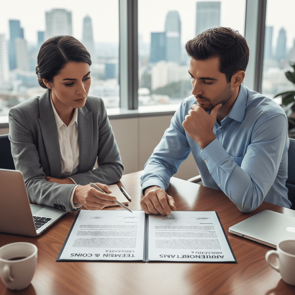Two people reviewing a contract together