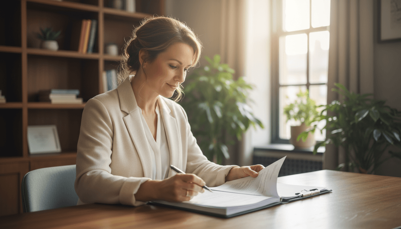 BC family law attorney reviewing legal documents at her desk with natural morning light