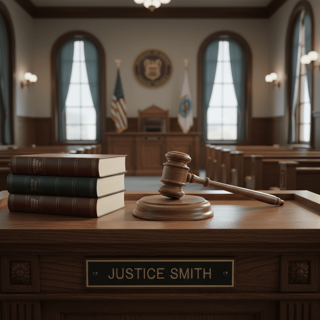 Gavel and law books in a courtroom