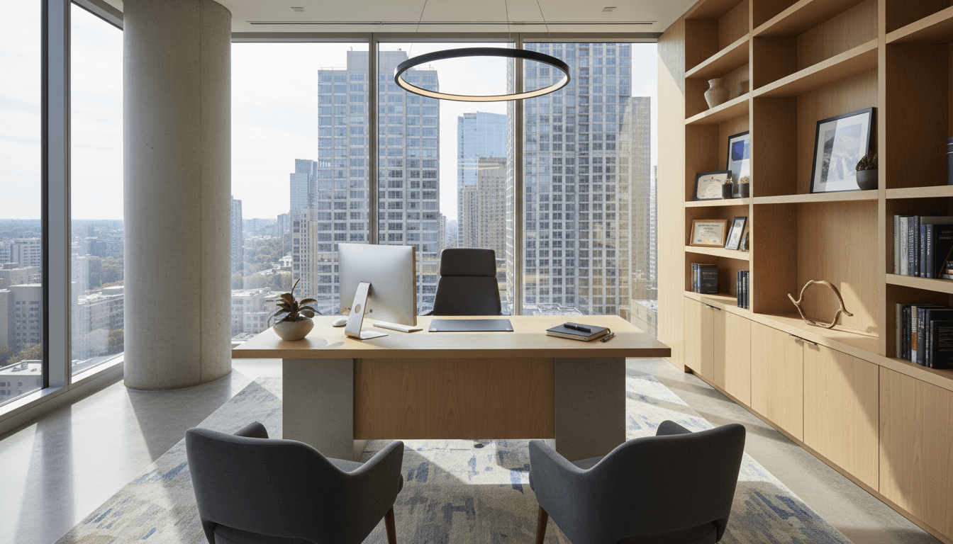 Modern lawyer office with desk and natural lighting, professional setting.