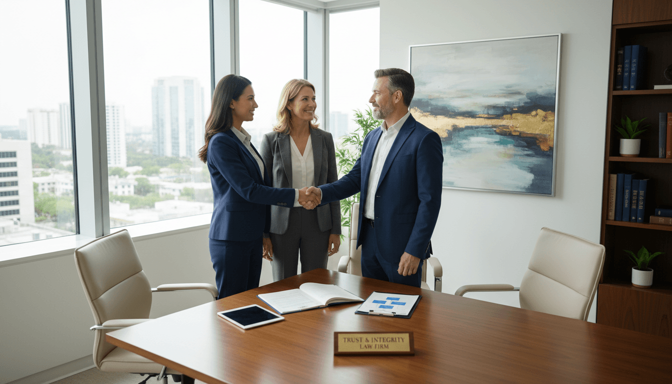 Professional attorney in consultation with clients at desk in modern law office