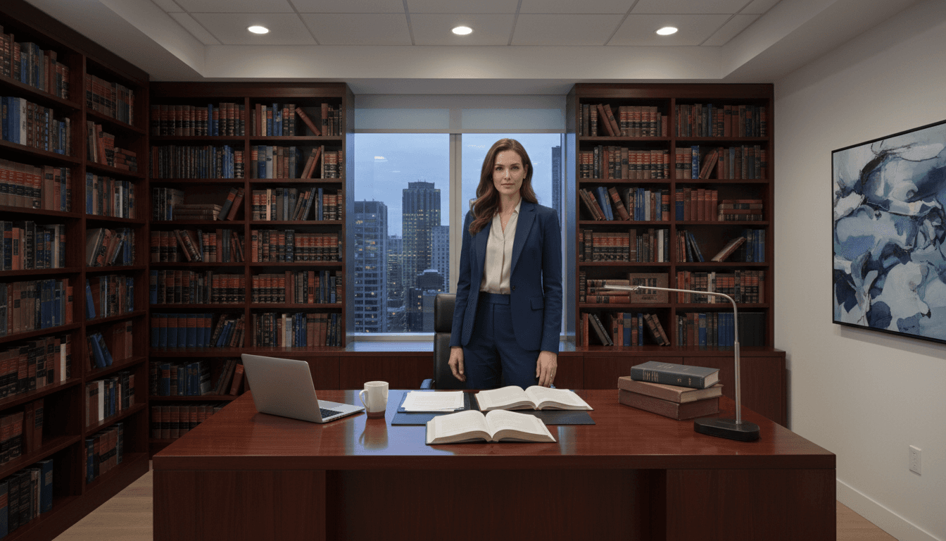 Professional lawyer in a modern office with legal books