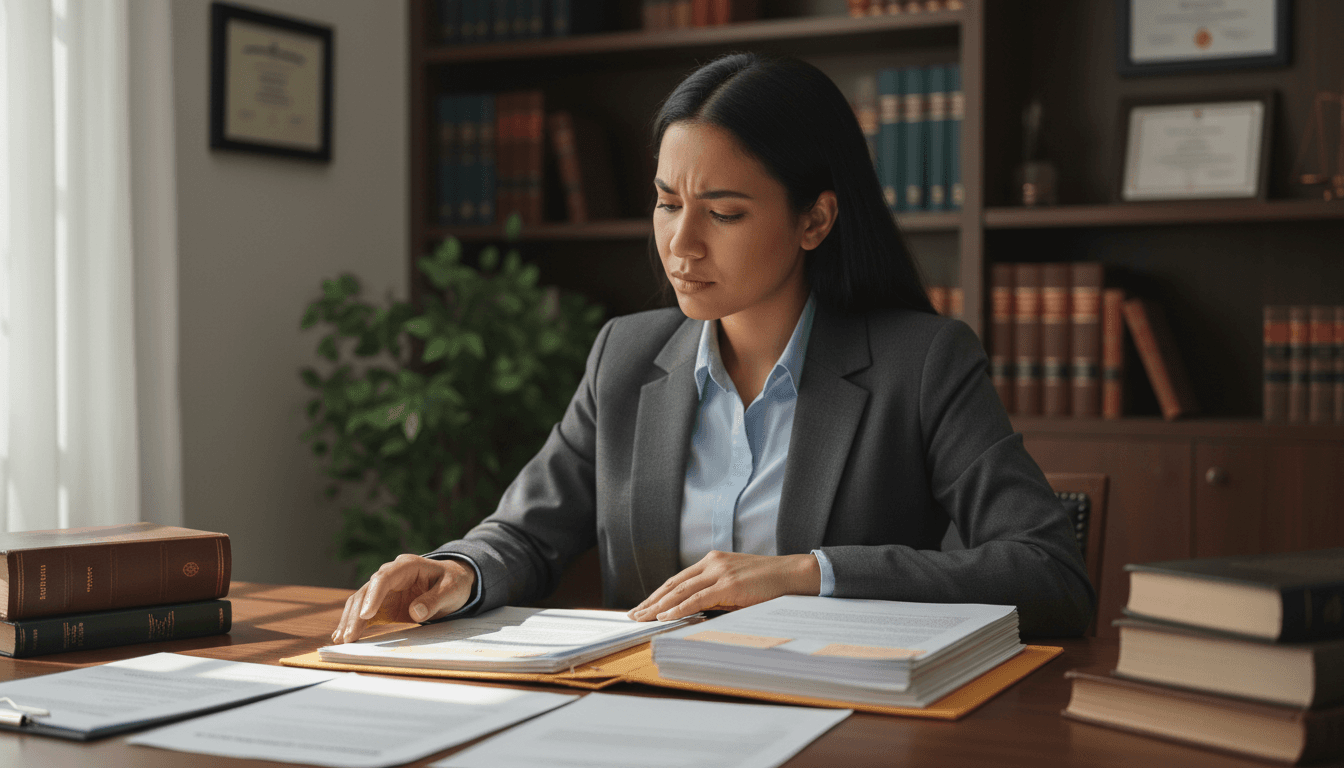Cori McGuire reviewing family law documentation with professional focus