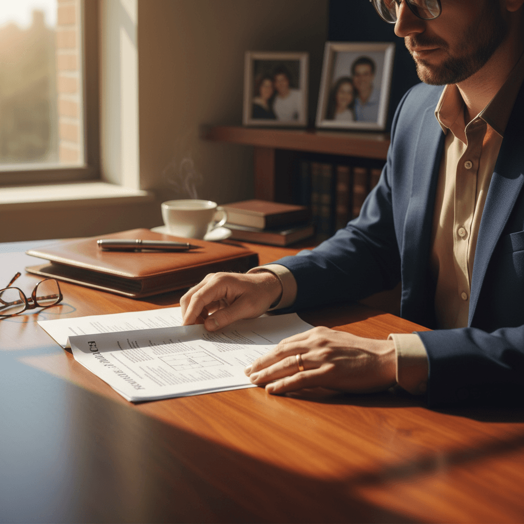 Woman carefully reviewing family law agreement documents at her desk