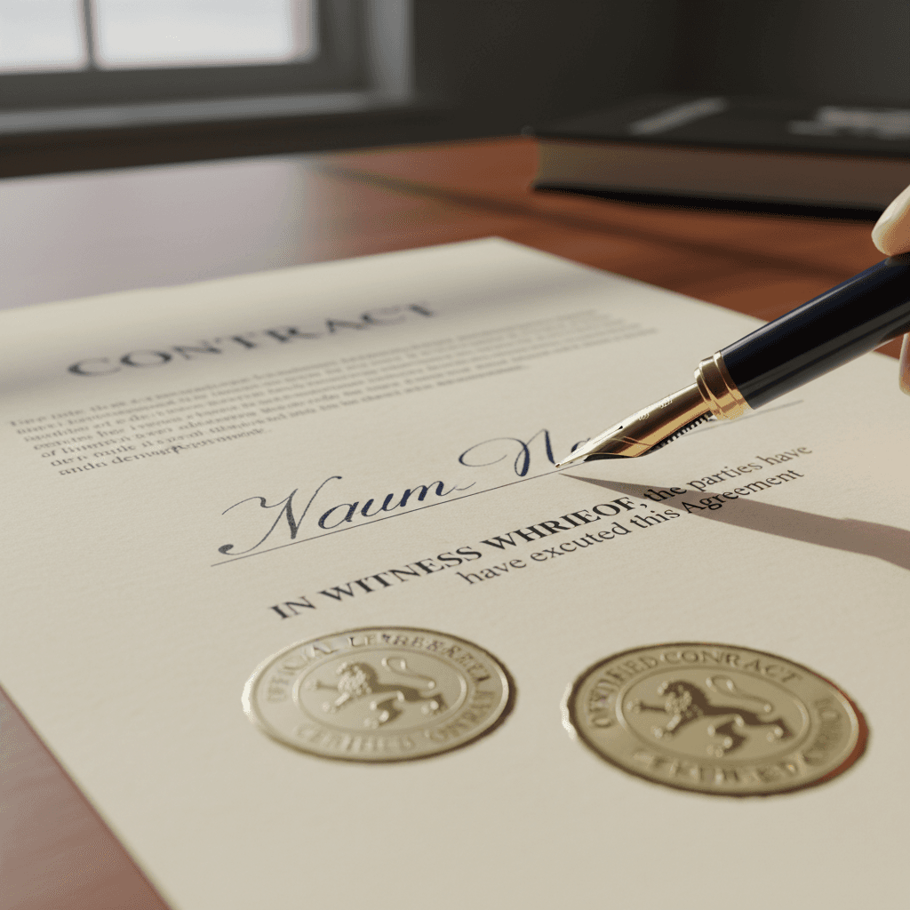 Completed family law agreement document with signature and pen