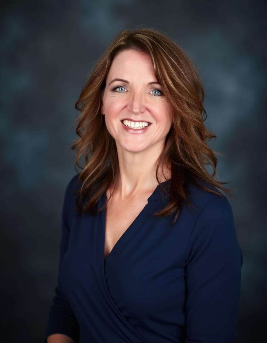 Smiling woman with wavy auburn hair and blue eyes wearing a navy blue top.