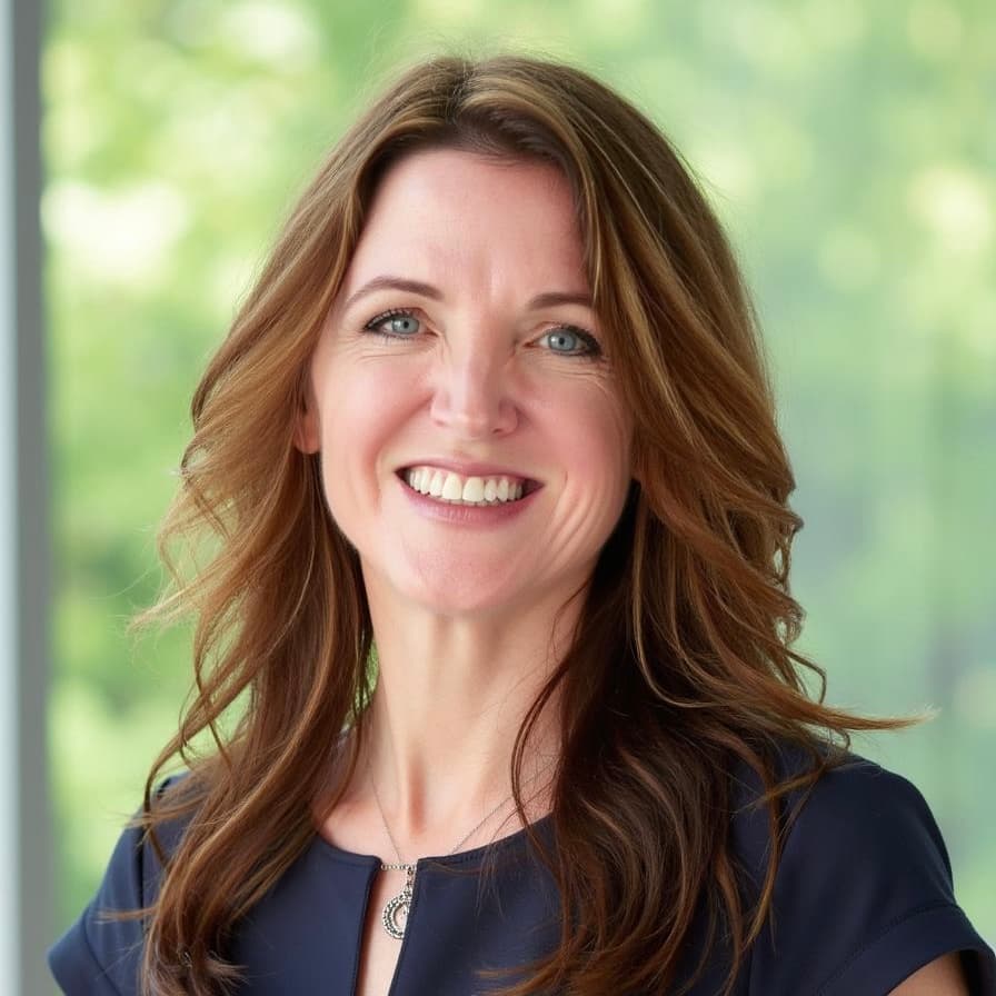 Smiling woman with long wavy reddish-brown hair and blue eyes against a soft green background.