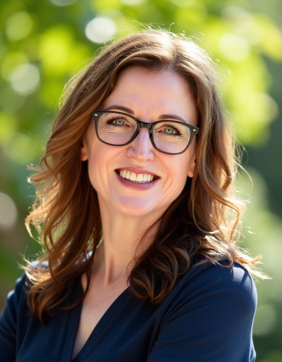 Smiling woman with wavy reddish-brown hair and black glasses against a blurred, sunlit green background.