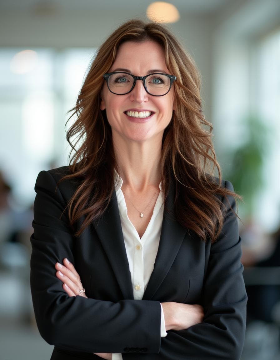 Smiling woman with glasses and long brown hair wearing a black blazer with arms crossed.