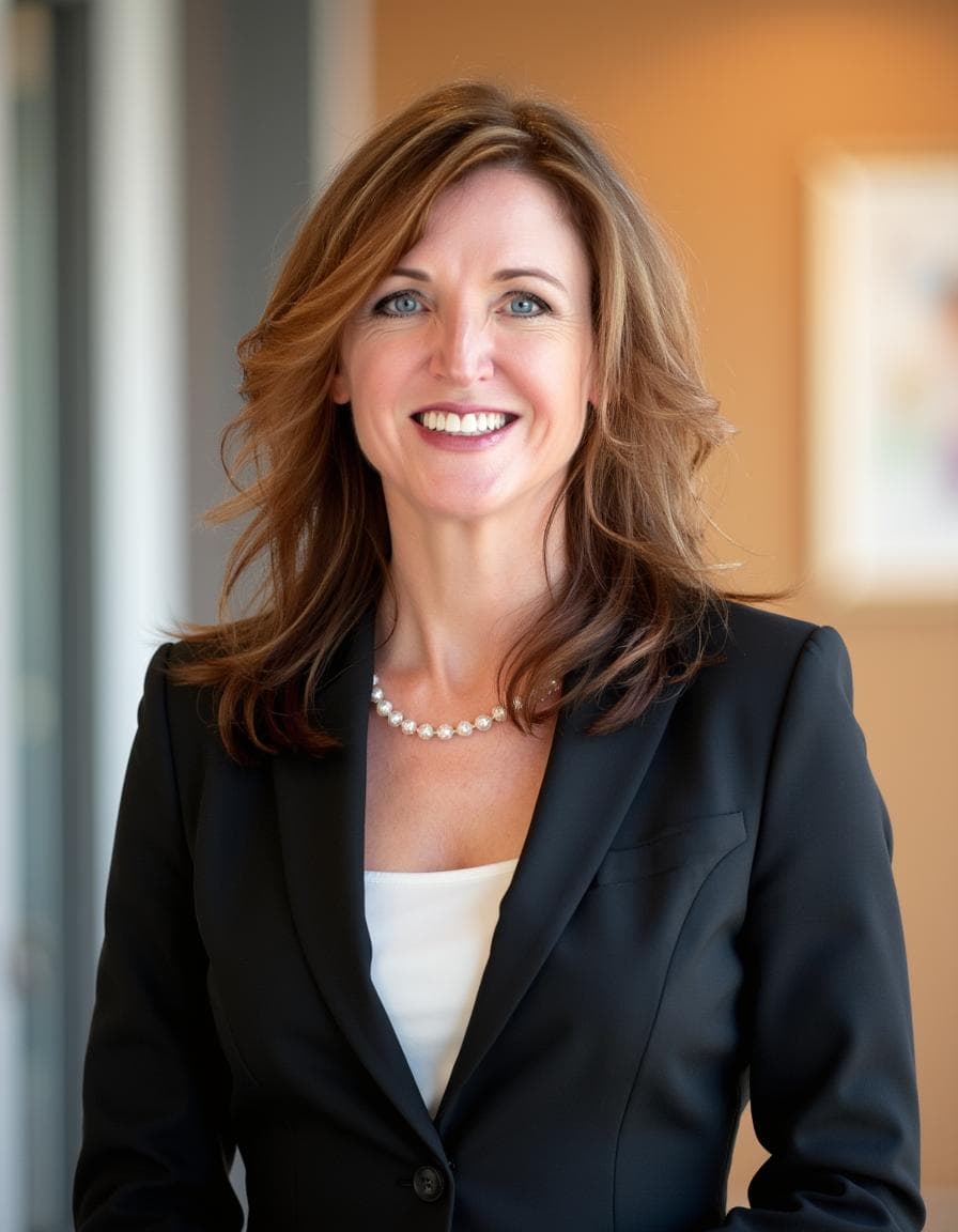 Professional portrait of a smiling woman with auburn hair wearing a black blazer and pearls.